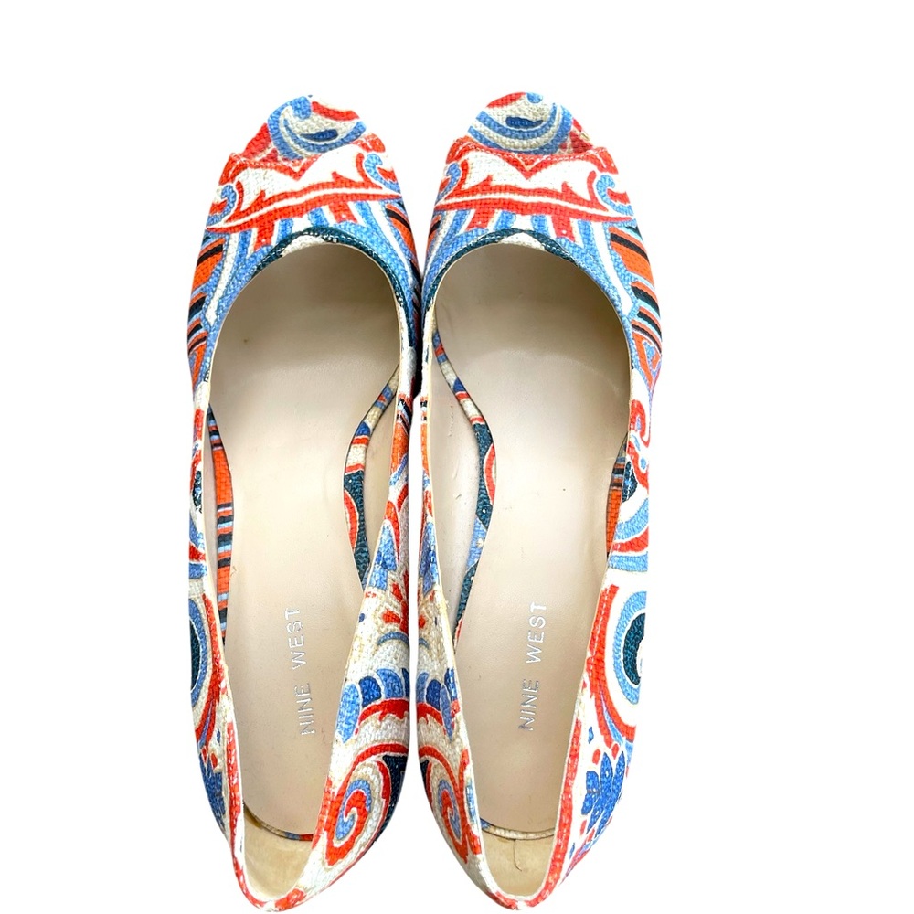 Nine West Aztec Paisley Blue/Orange/Cream Wedge Shoes Sz 8.5 - Picture 4 of 7